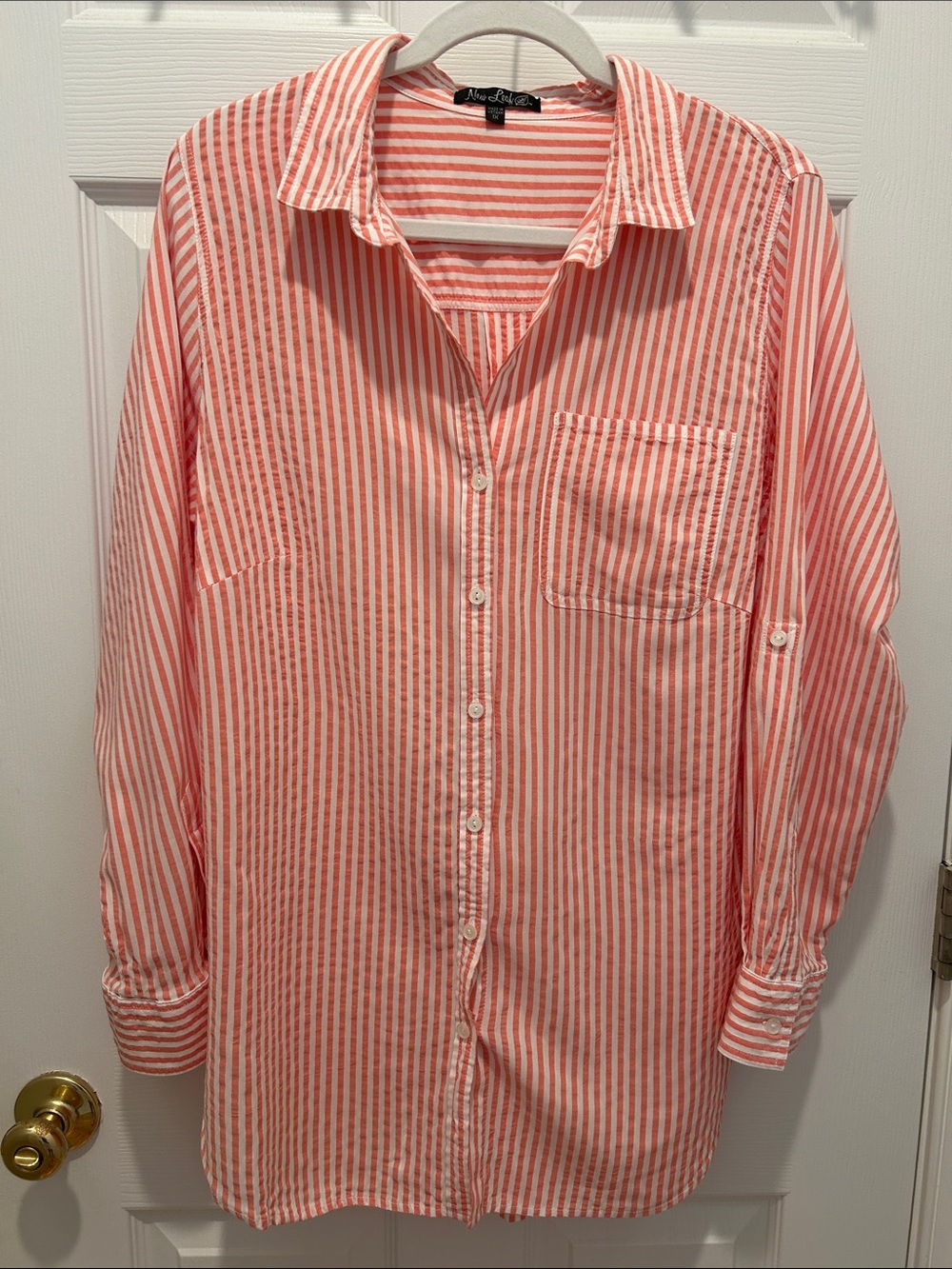Button-Up Coral Stripe Blouse with Chest Pocket